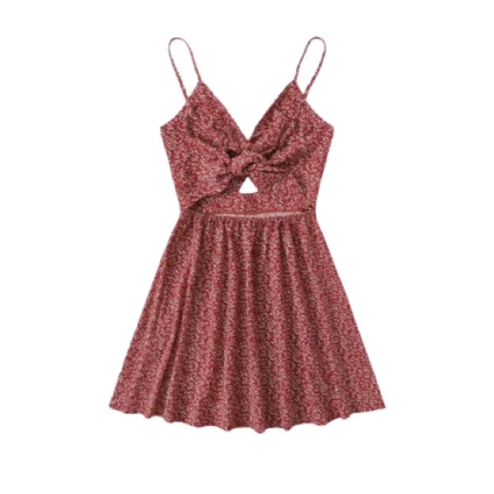 SHEIN Red Ditsy Floral Cutout Tie Front Mini Dress – Size S